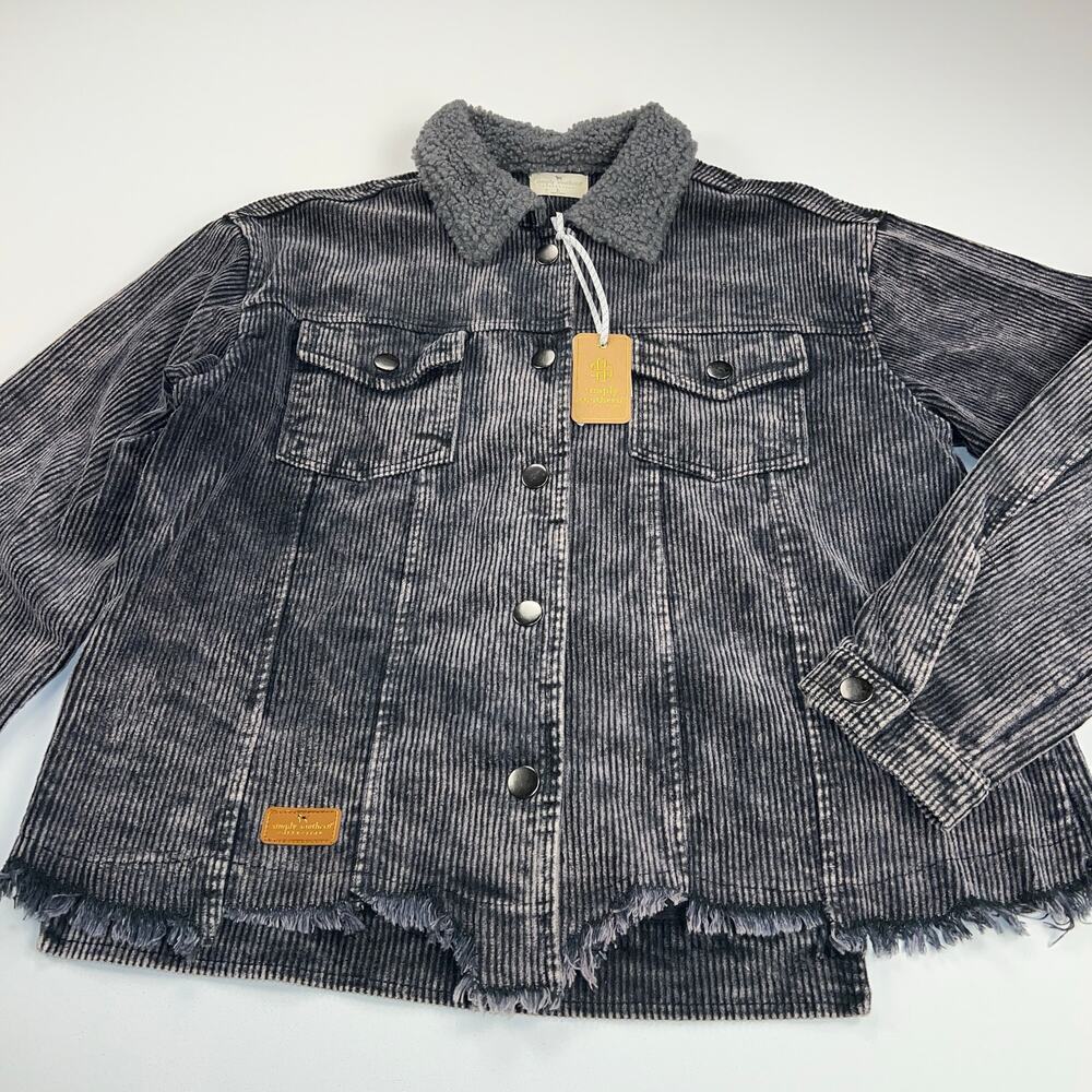 Simply Southern Gray Acid Wash Corduroy Jacket Sherpa Collar Distressed Size L - Picture 5 of 13